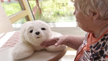 Eine Roboterrobbe wird von einer älteren Frau gestreichelt.