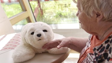Eine Roboterrobbe wird von einer älteren Frau gestreichelt.