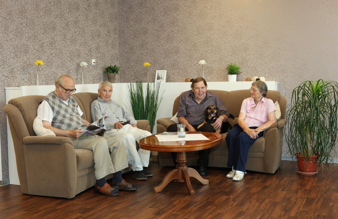 Vier Senioren sitzen auf zwei Sofas in einem gemütlichen Wohnraum